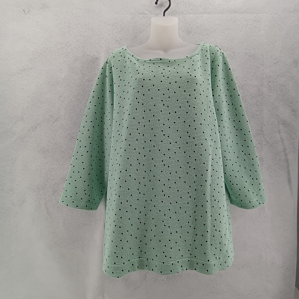 T by Talbots Womens 2X Green Polka Dot Textured 3/4 Sleeve Boat Neck Top